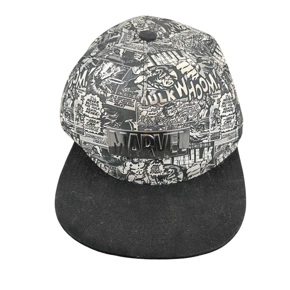 Marvel Comics Incredible Hulk Snapback Hat Black White Comic Print Metal Logo